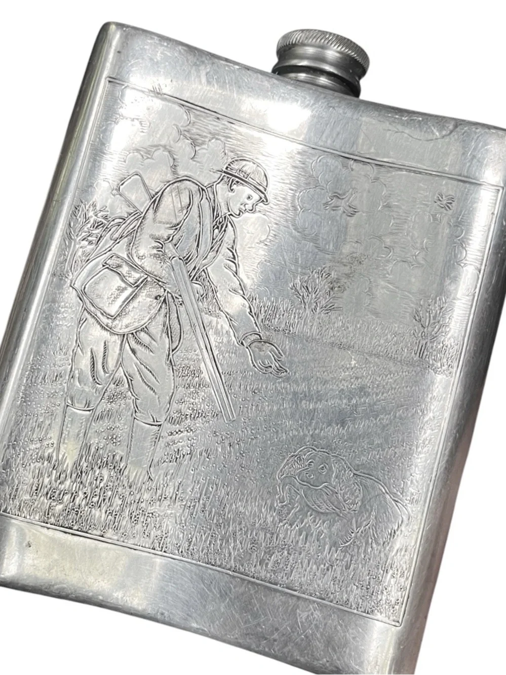 RARE Sheffield Rose English Pewter Hip Flask - Hunting Scene